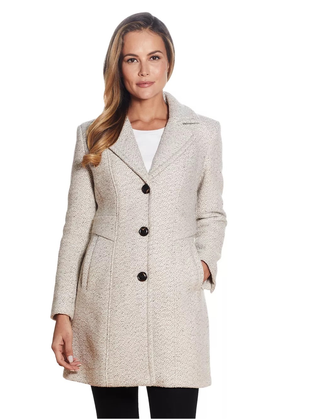 NWT Gallery Cream Single-Breasted Wool Tweed Heavily Lined Fall Winter Coat